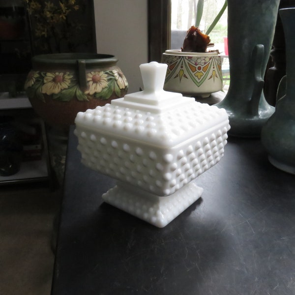 Vintage Fenton White Milk Glass Hobnail Candy Container