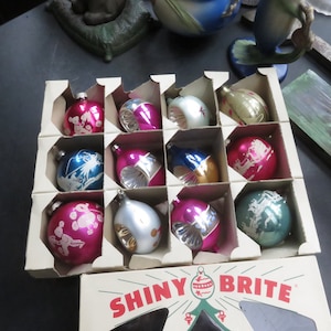 Vintage Lot of 12 Poland Shiny Brite Teardrop Indent Mica Striped Kids Ducks Santa Sleigh Christmas Tree Ornaments