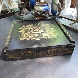 Vintage Wood Wooden Stencil Flower Floral Leaf Ornate Trinket Stash Jewelry Box