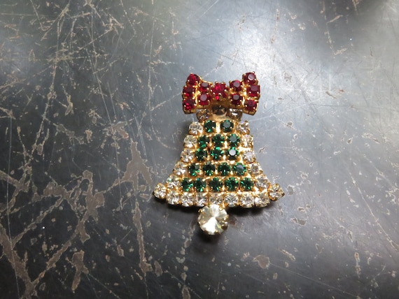 Vintage Rhinestone Bell Christmas Pin Brooch - image 1