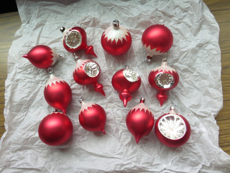 Vintage Lot of 12 Red Glitter Indent Teardrop Christmas Tree Ornaments