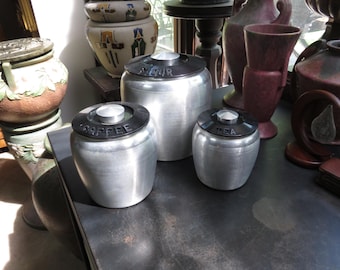 Vintage Lot of 3 Kromex Aluminum Canisters Flour Coffee Tea
