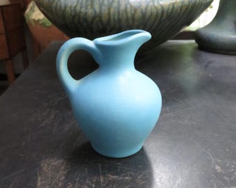 Vintage Small Matte Turquoise Green Blue Pottery Ball Creamer or Pitcher