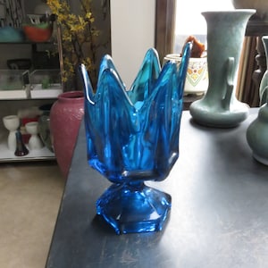 Vintage Viking Blue Epic Footed Bowl Mid Century Modern Art Glass MCM