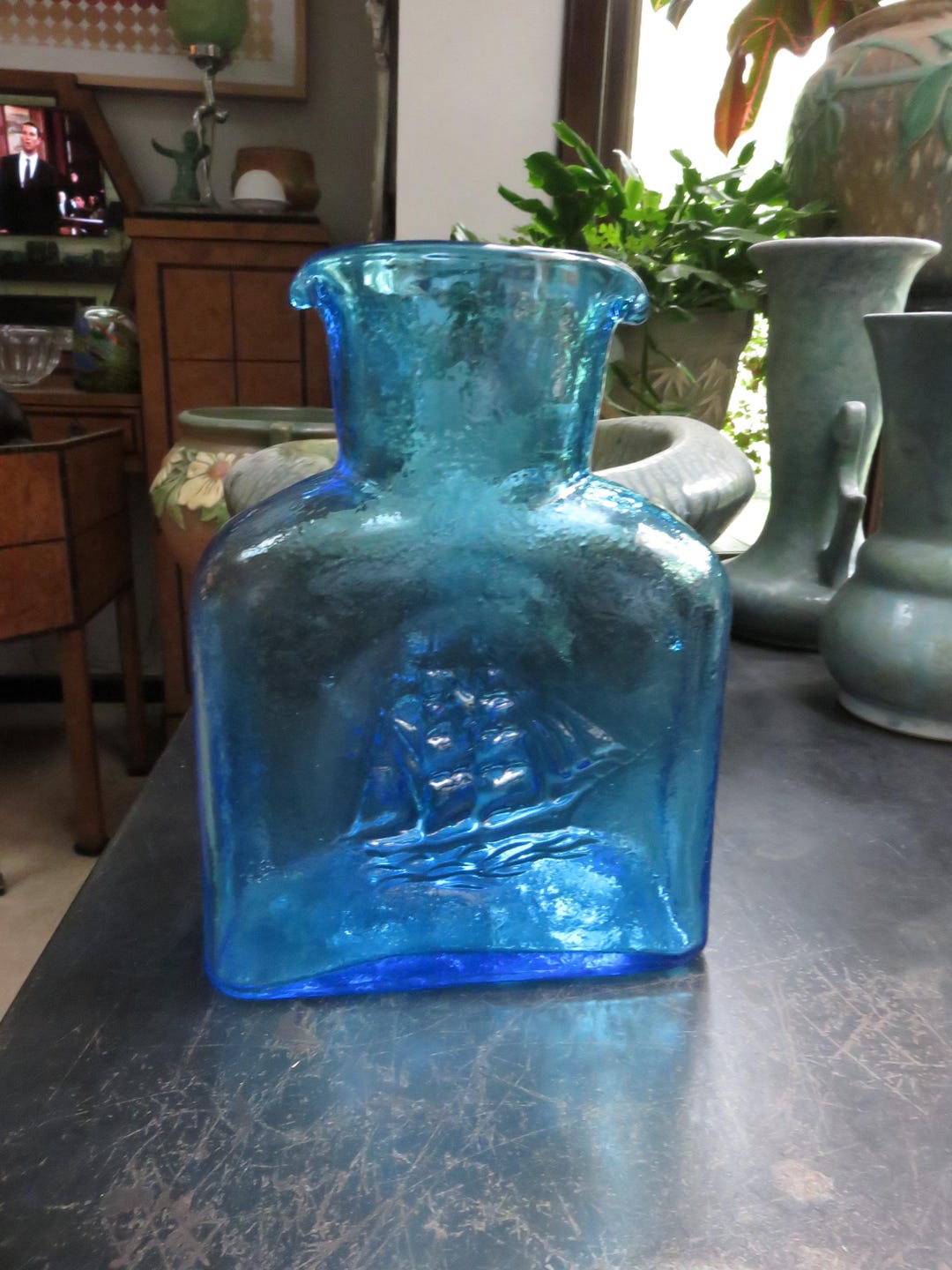 Vintage Blenko Blue Water Pitcher Sail Boat Ship - Etsy