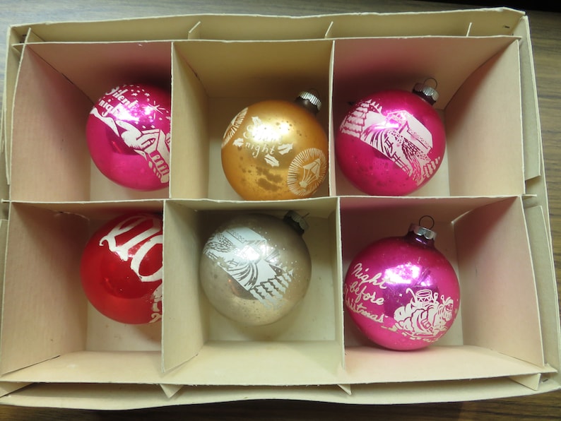 Vintage Shiny Brite and Made in USA Large 3 12 tall Etched Glass Christmas Tree Ornaments Night Before Christmas Silent Night Noel