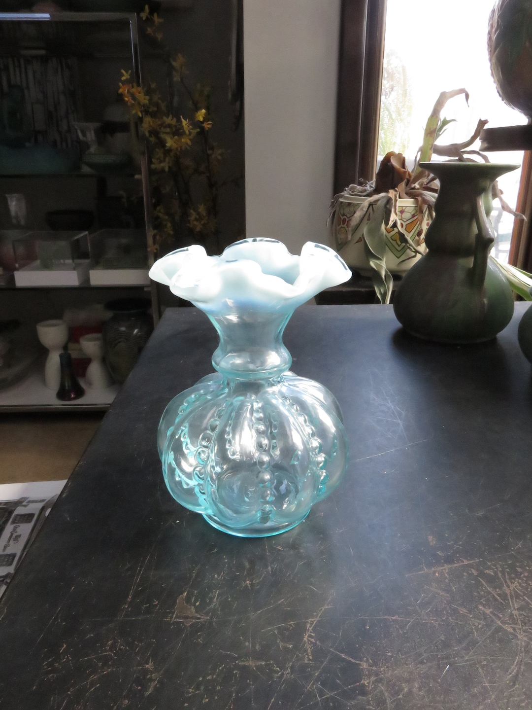 Vintage Fenton Blue White Clear Opalescent Melon Beaded Glass Vase