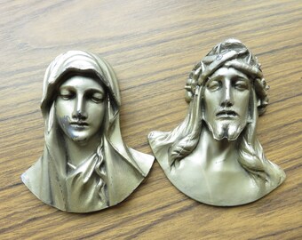 Vintage Metal Wal Plaques of Mary And Jesus