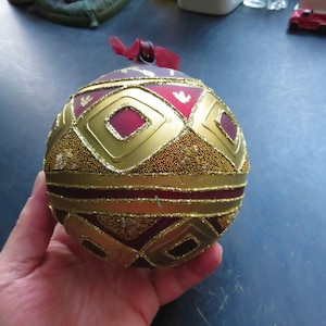 Vintage Large Huge Glitter Gold Trim Glass Christmas Tree Ornament