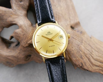 Bucherer herenhorloge jaren 60 gouden datumvenster wijzerplaat Zwitsers 21 juweel 1700/01 automatisch uurwerk vergulde kast