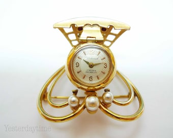 Kardinaal Dames Opvouwbaar Hartvormig Revershorloge uit de jaren 60, 17 Juwelen, Handmatig uurwerk, Dubbel Verguld