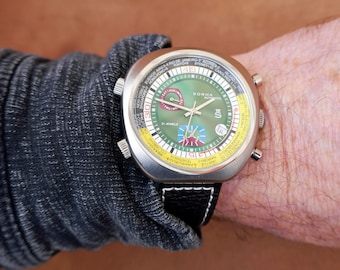 Sorna T23766-64 1970's Men's Watch Green Dial World Time 21 Jewel