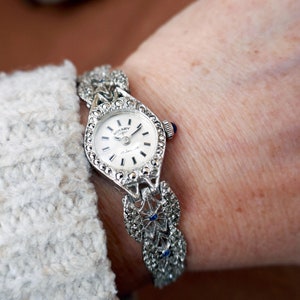 Rotary 1950&#39;s 17 Jewel Swiss Made Marcasite Case & Strap Manual Wind Movement Ladies Wristwatch