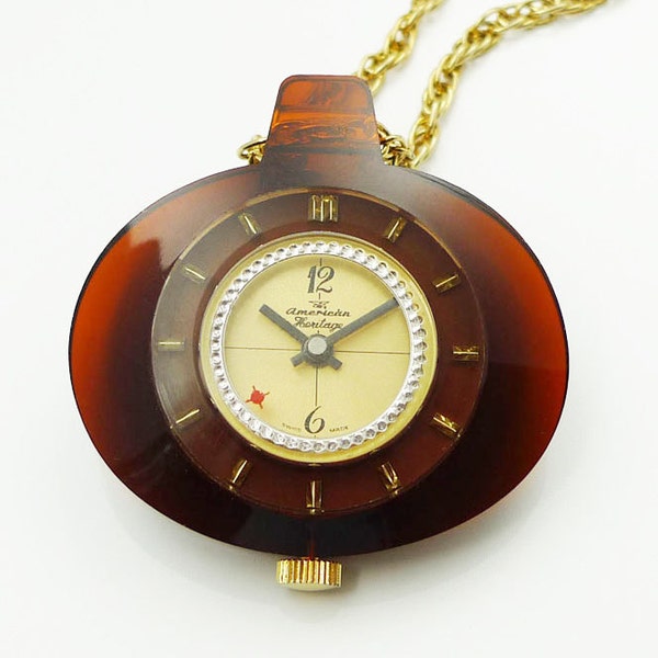 American Heritage Trice Woman's Pendant Watch 1960's Swiss 1 Jewel Manual Movement Acryl Case Complete With Chain