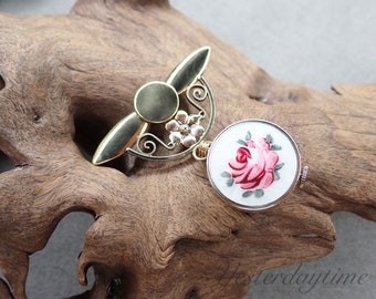 Avalon 1930's Dames Emaille Propellor Revers Horloge Gerold Gouden Kast & Boog Zwitsers Gemaakt 7 Jewel Handmatig Uurwerk