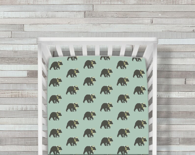 Bear Crib Sheet Gender Neutral Crib Bedding Bear Baby Bedding Woodland Crib Sheet Birch and Bear Bear Crib Sheets Sage Crib Sheet
