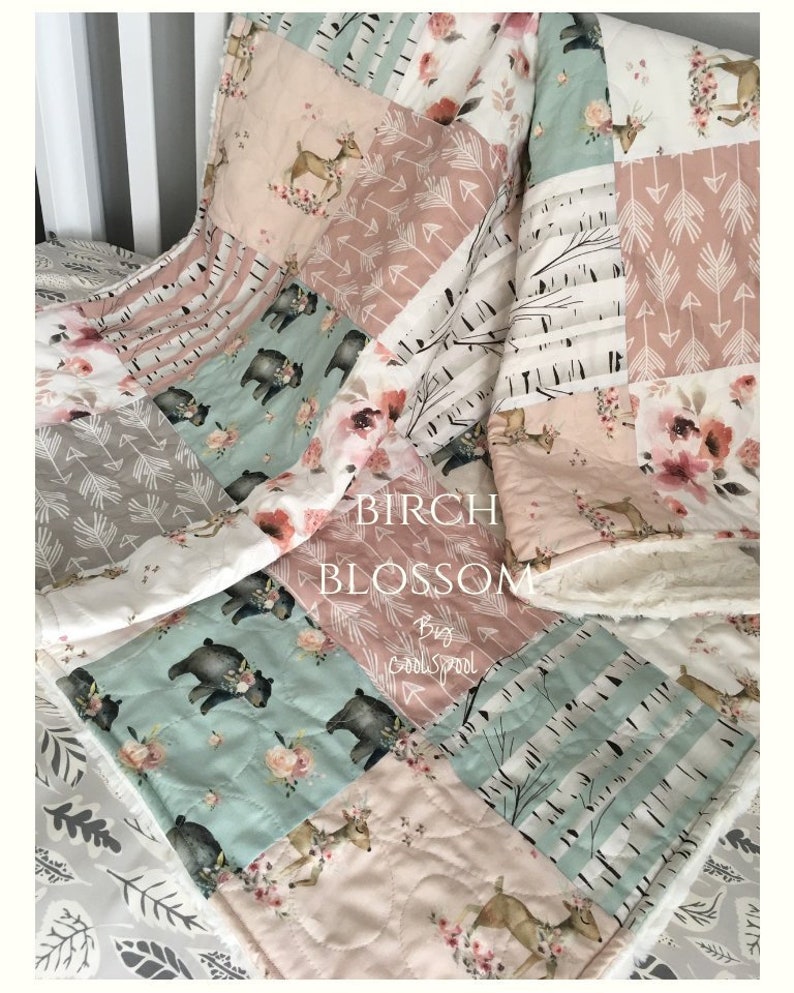Birch Nursery Quilt Baby Quilt Girl Woodland Crib Bedding Girl Throw Quilt Blanket Woodland Girl Quilt Crib Bedding Girl Birch Blossom
