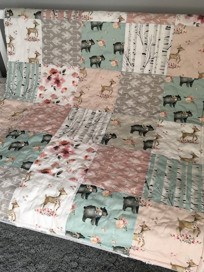 Birch Nursery Quilt Baby Quilt Girl Woodland Crib Bedding Girl Throw Quilt Blanket Woodland Girl Quilt Crib Bedding Girl Birch Blossom