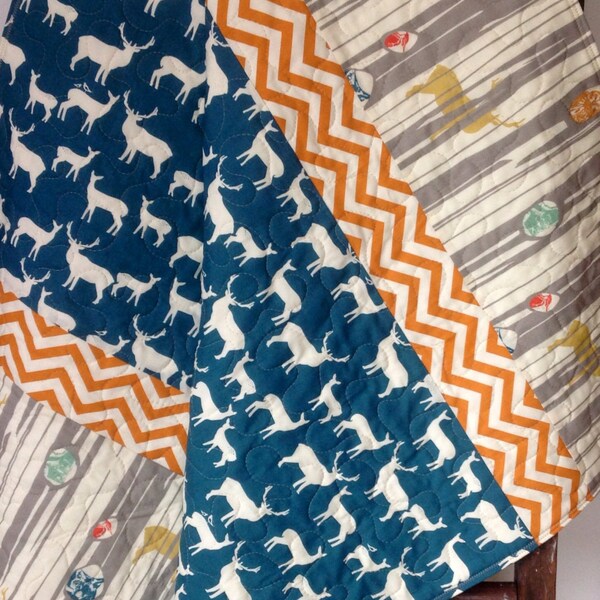 Baby Quilt, Boy, Rustic, Modern Quilt, Elk, Deer, Navy-Teal, Orange Chevron, In the trees, Baby Blanket, Baby bedding, Crib Bedding