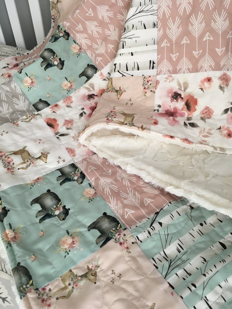 Pink Baby Girl Crib Quilt Woodland Baby Girl Blanket Crib Etsy