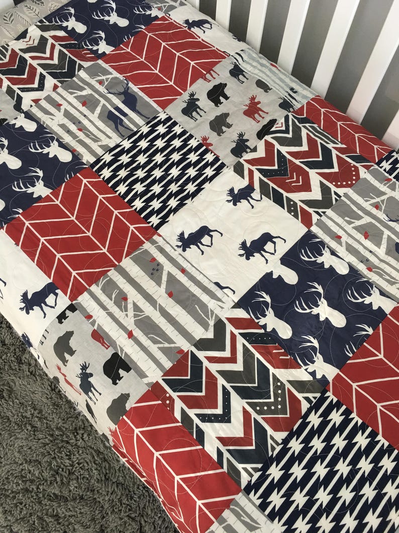 Gray Baby Quilt Deer Crib Bedding Boy Baby Bedding Red Navy Etsy