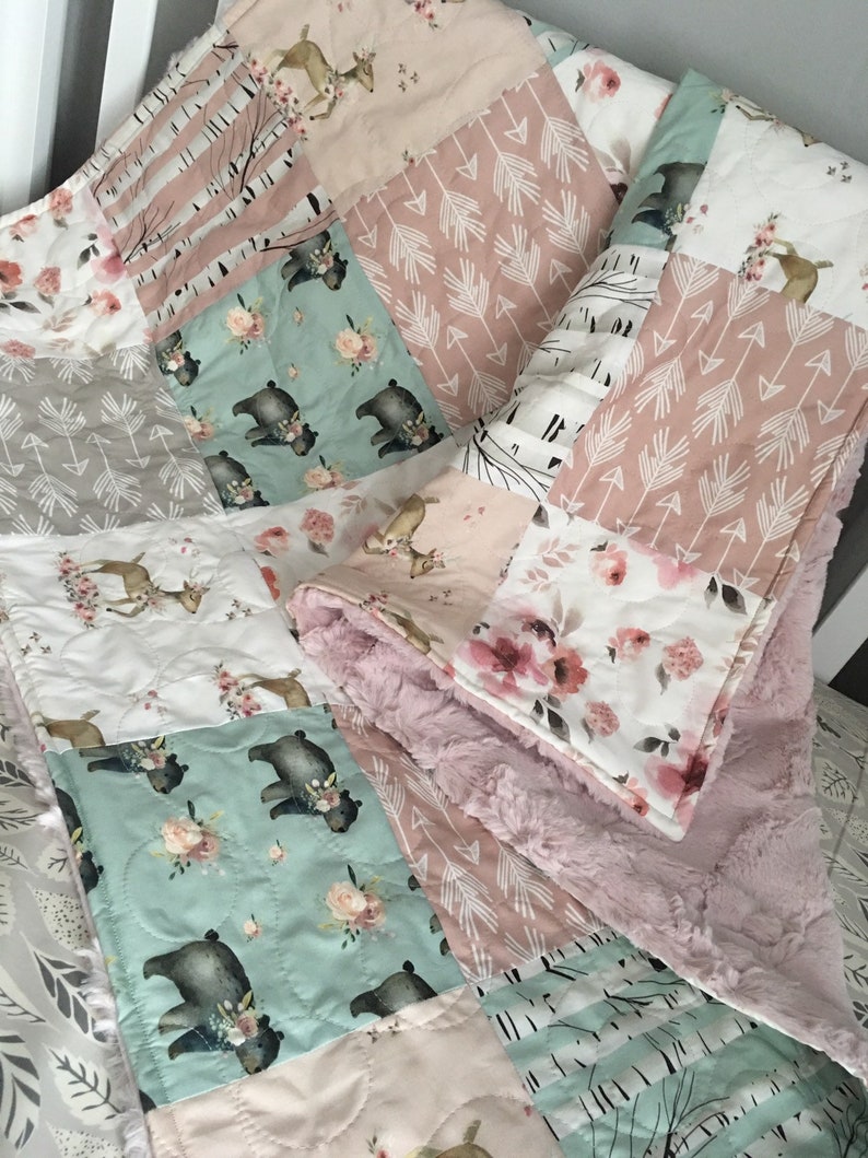 Birch Nursery Quilt Baby Quilt Girl Woodland Crib Bedding Girl Throw Quilt Blanket Woodland Girl Quilt Crib Bedding Girl Birch Blossom
