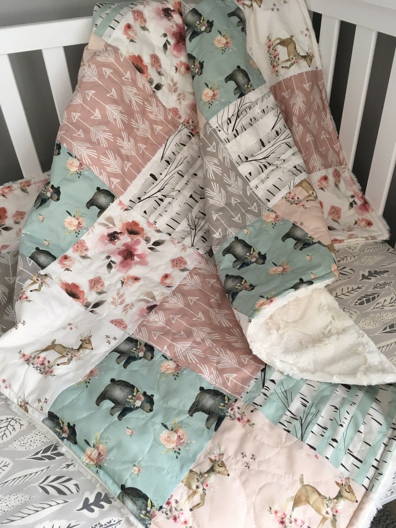 Birch Nursery Quilt Baby Quilt Girl Woodland Crib Bedding Girl Throw Quilt Blanket Woodland Girl Quilt Crib Bedding Girl Birch Blossom