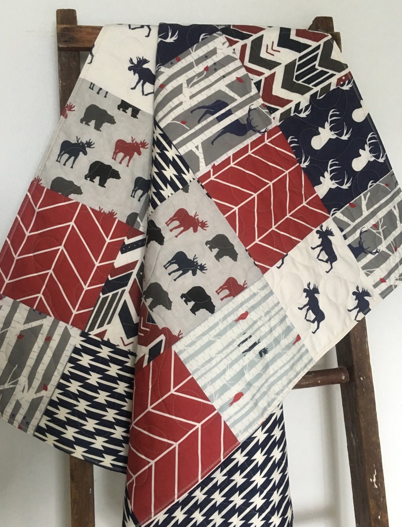 Gray Baby Quilt Deer Crib Bedding Boy Baby Bedding Red Navy Etsy