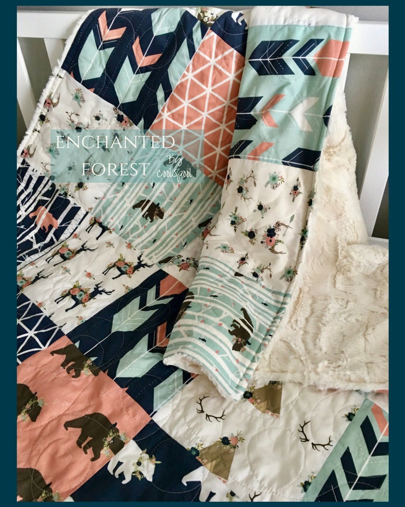 Woodland Girl Quilt Navy Fawn Quilt Pink Crib Bedding Bear Etsy