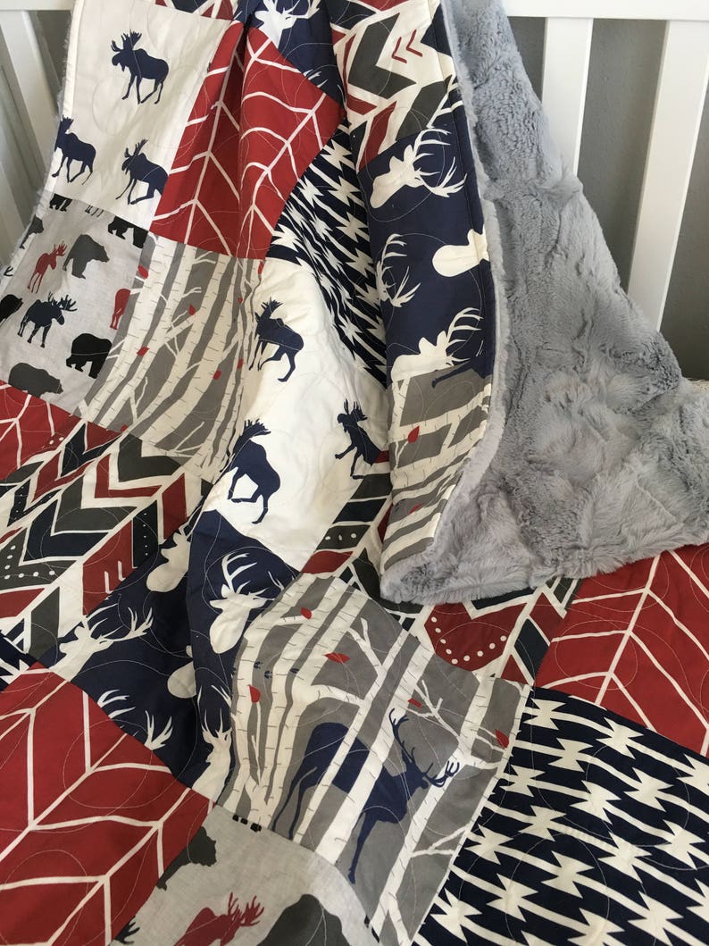 Gray Baby Quilt Deer Crib Bedding Boy Baby Bedding Red Navy Etsy