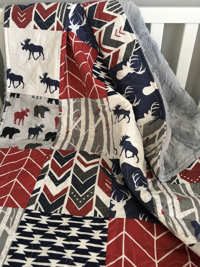 Gray Baby Quilt Deer Crib Bedding Boy Baby Bedding Red Navy Etsy