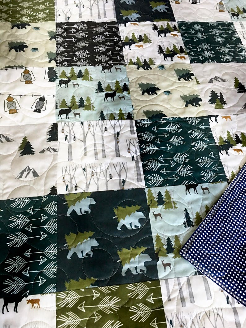 Baby Boy Mountain Quilt Blanket Navy Boy Bedding Bear Deer Etsy