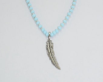 Aqua Czech Bead Necklace, Silver Feather Pendant, Rondelle Beads, Bridal, Bridesmaid, Tibetan Silver, Silver Plated, Handcrafted