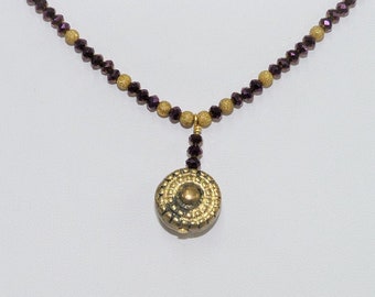 Purple & Gold Necklace, Dark Mauve Necklace, Gold Pendant, Metallic Glass Beads, Bridesmaid, Wedding Jewellery, Bridal Jewelry, Handcrafted