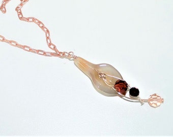 Agate Lily Pendant, Rose Gold Necklace, Swarovski Crystals, Calla Lily Drop, Rose Gold Plated, Belcher Chain, Plus Size, Hand Crafted