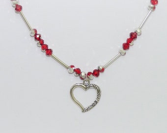 Red and Silver Heart Necklace, Valentines Gift, Heart Clasp, Extender Chain, Czech Beads, Silver Plated, Plus Size, Handcrafted Jewellery