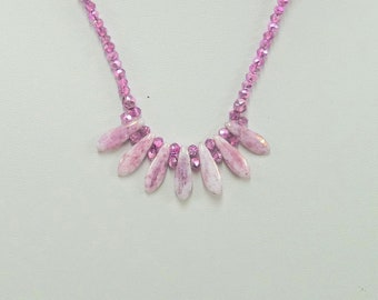 Pink Bib Necklace, Pink Dagger Beads, Orchid Pink Necklace, Hand Faceted Beads, Czech Glass Beads, Potomac Beads, Handcrafted, Ooak, UK