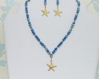 Starfish Necklace Earrings Set, Blue & Gold, Czech Beads, Gold Plated, Star Fish, Czech Glass Beads, Gold Plated, Beach Wedding, Handcrafted