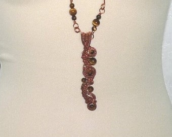 Tigers Eye and Bare Copper Wirework Necklace and Pendant, Long Wire Wrapped Necklace, Woven Wire Work , Hand Crafted Chain, Upcycled Copper