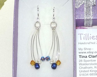 Sterling Silver Earrings, Blue and Yellow, Cream Pearls, Blue Pearls, Swarovski Crystals, French Ear Wires, Drop Earrings, Dangle Earrings