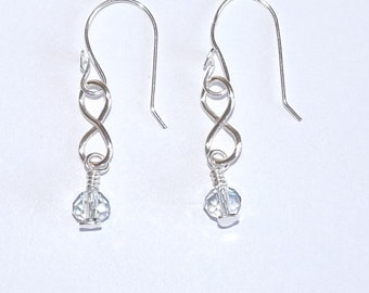 Silver and Blue Earrings, Infinity Shaped, Blue Crystals, Silver Wirework Dangles with Crystals, Pierced Ears, Hand Crafted, Hand Forged