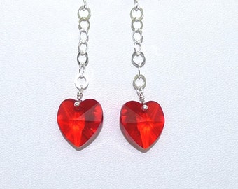 Red and Silver Earrings, Sterling Silver Earrings, Swarovski Crystal, Swarovski Hearts, Red Heart Shape, Silver Chain, Sterling Silver Wires