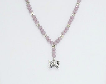 Purple Czech Bead Necklace, Butterfly Pendant, Tibetan Silver Flower Beads, Bridal, Bridesmaid, Tibetan Silver, Silver Plated, Handcrafted