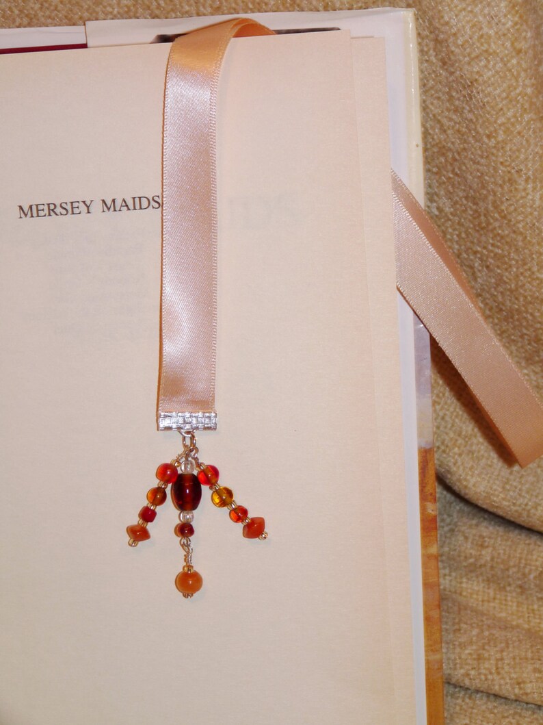 Bookmark, Page Keeper, Peach, Satin Ribbon, Murano, Czech Glass Beads