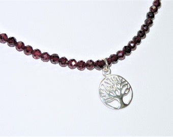 925 Sterling Silver Garnet Necklace, Silver Curb Chain, Micro Faceted Garnet, Silver Tree Pendant, Red and Silver Necklace, Hand Made in UK
