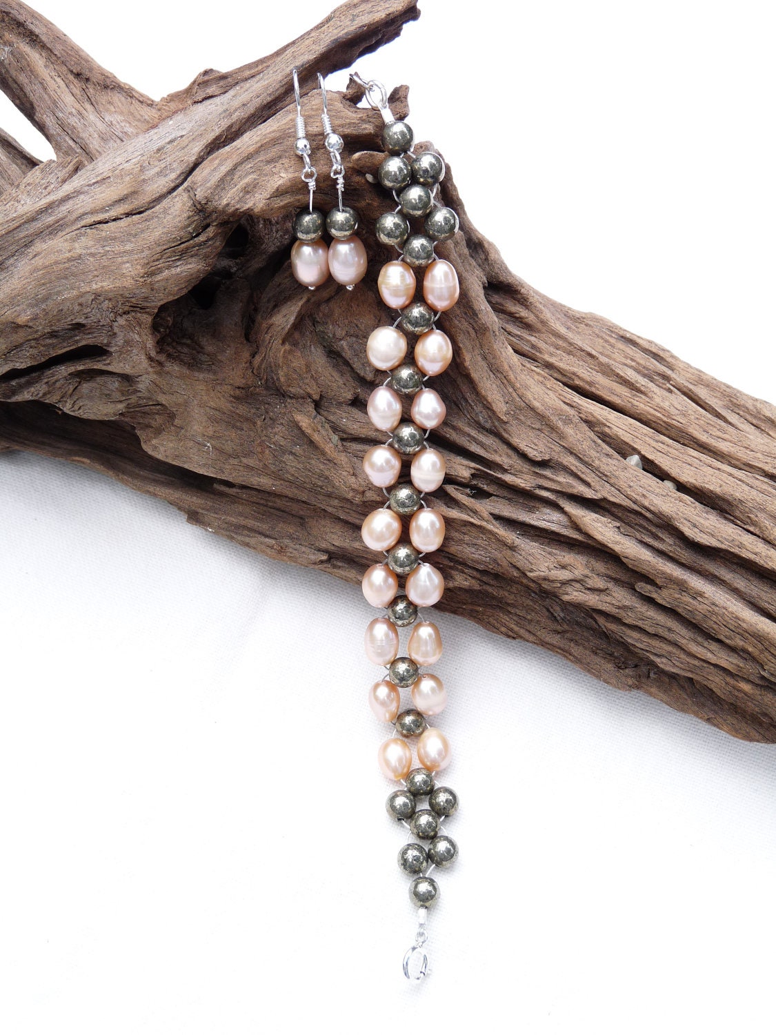 Bracelet and Earrings Set Peach Pearls With Pyrite - Etsy
