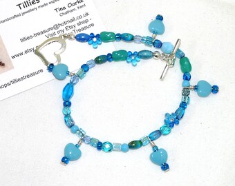 Long Blue Beaded Bracelet, Heart Shaped Charms, Silver Toggle Clasp, Lampwork Beads, Plus Size, Beaded Anklet, Made in the UK,  9.5 inches