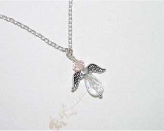 Crystal Angel Necklace and Earring Set: Silver Plated Guardian Charms