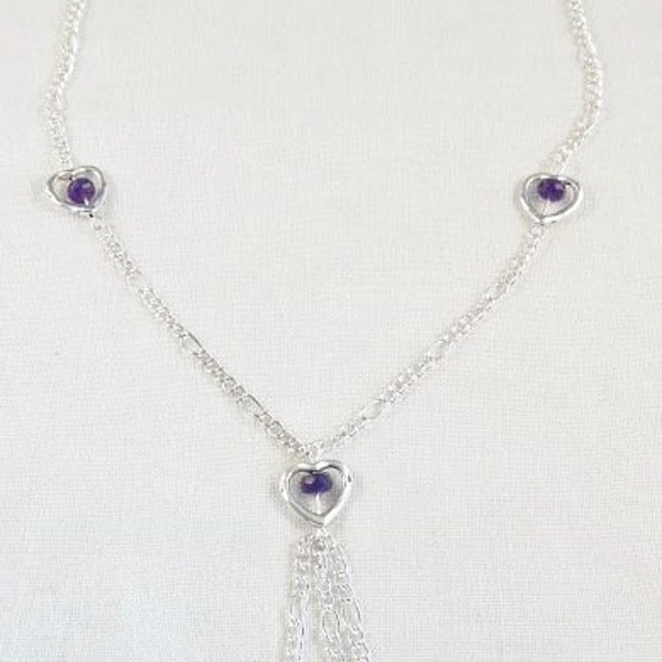 Silver Necklace, Purple Quartz, Heart Shaped Charms, Tibetan Silver, Long Chain, Bridesmaid, Wedding, Prom, Jewellery, etsyEUR, UK, epsteam