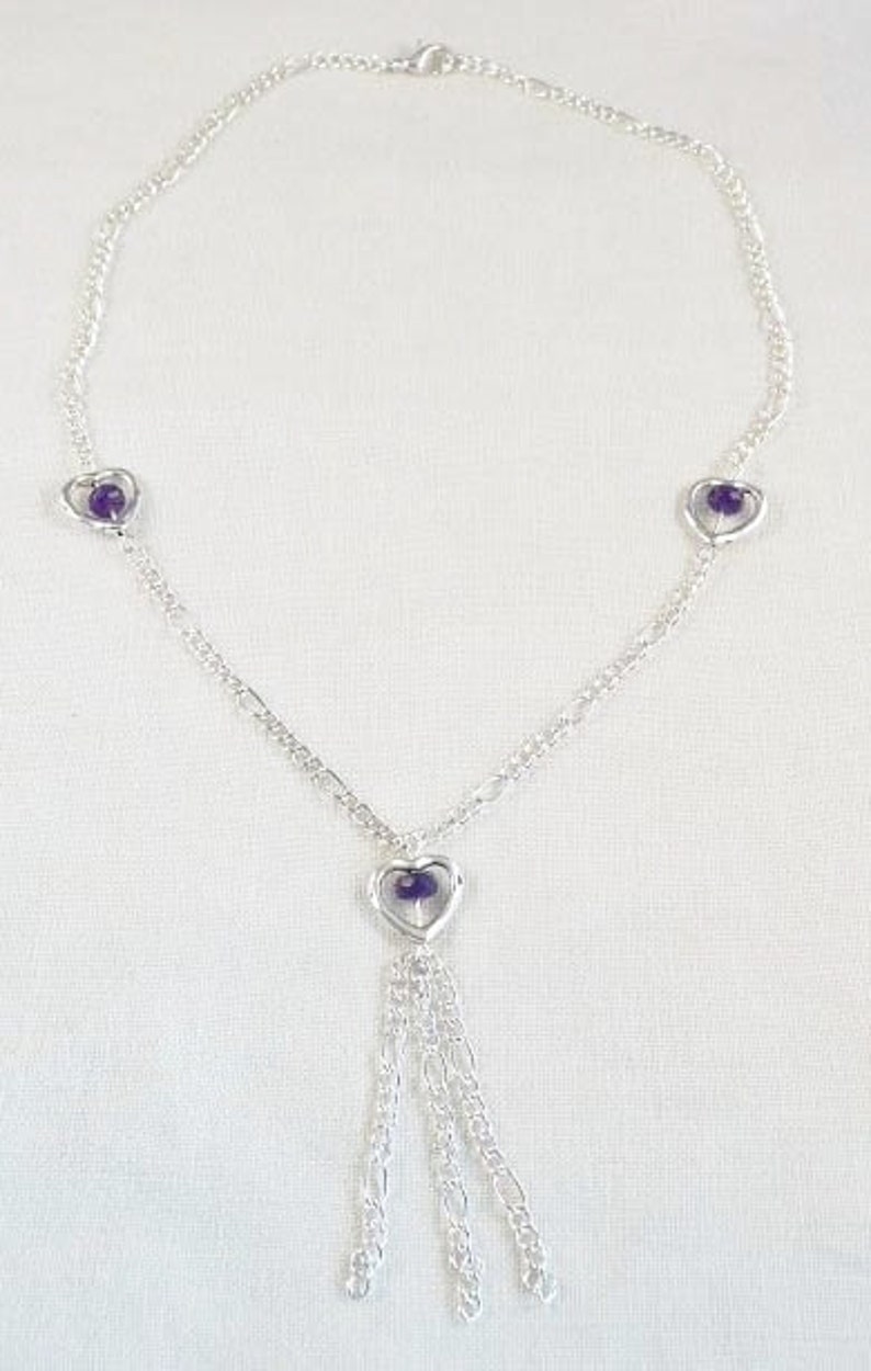 Silver Necklace, Purple Quartz, Heart Shaped Charms, Tibetan Silver, Long Chain, Bridesmaid, Wedding, Prom, Jewellery, etsyEUR, UK, epsteam image 1